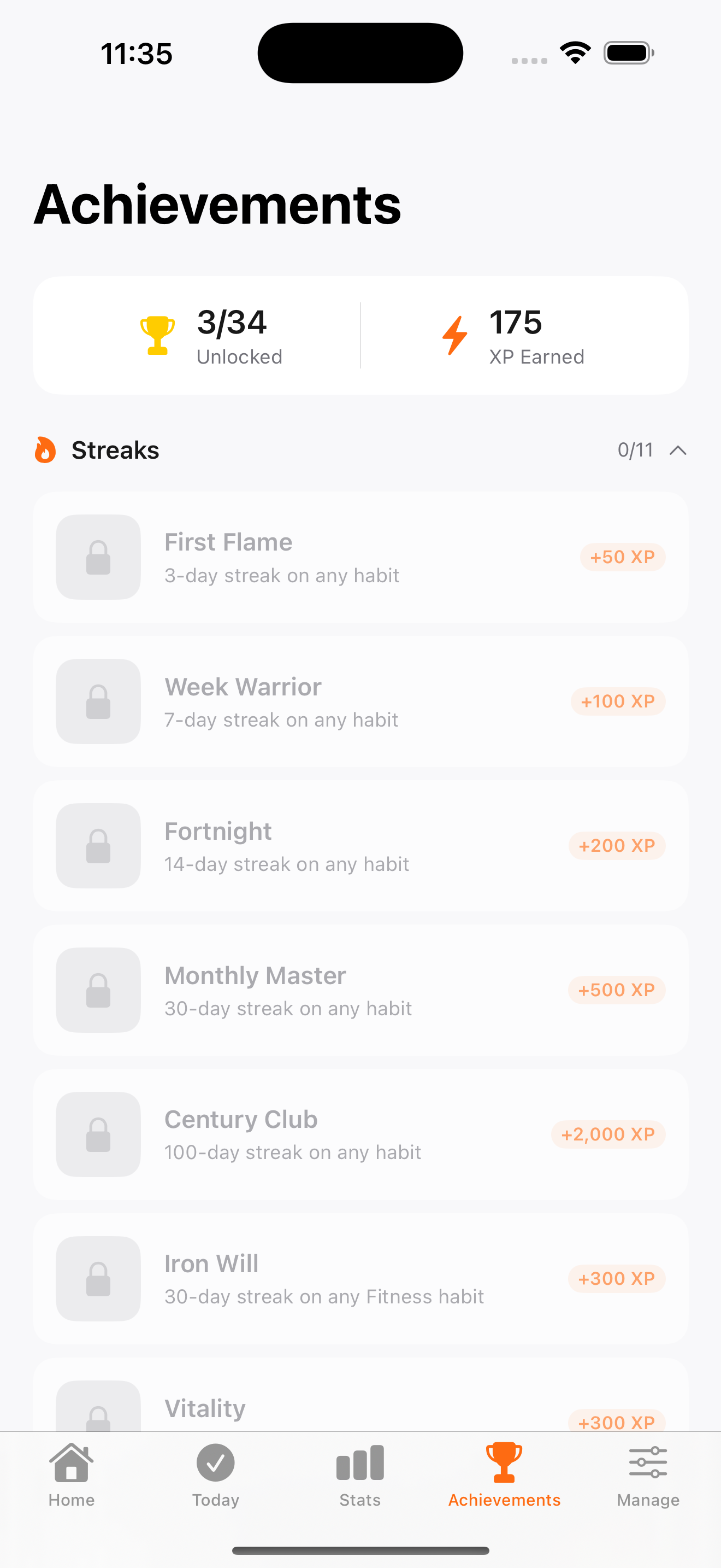 Achievements tab