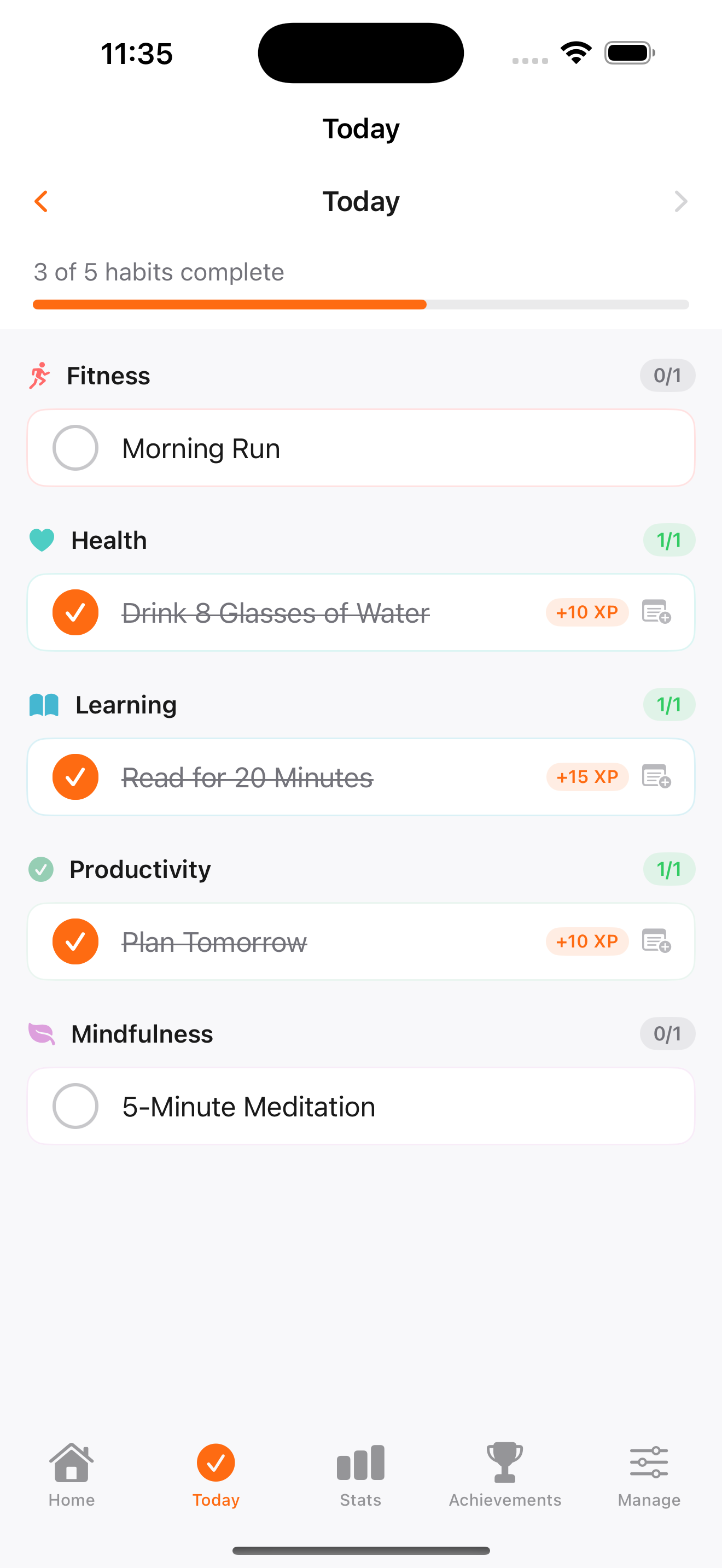 Today tab showing habit completion